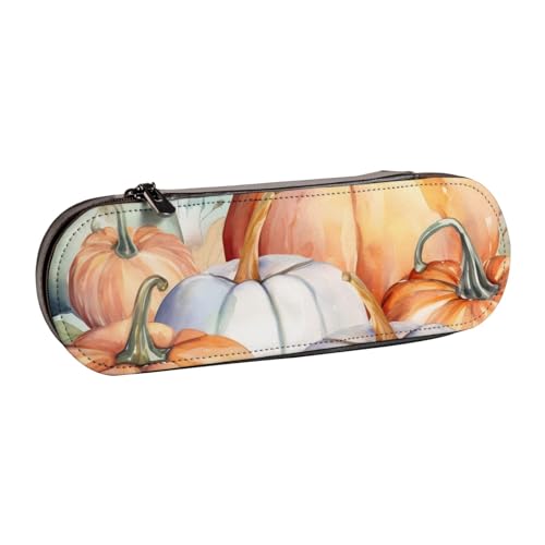 Federmäppchen aus Leder mit Aquarell-Kürbis-Motiv, für Mädchen und Jungen, niedliches Federmäppchen für Reisen, Schule, Büro, Universität, Schwarz , Einheitsgröße, Schulranzen von MKNAZ