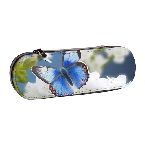 Federmäppchen aus Leder mit Blumen und blauem Schmetterling, bedruckt, für Mädchen und Jungen, niedliches Federmäppchen für Stifte, Make-up-Tasche für Reisen, Schule, Büro, Universität, Schwarz , von MKNAZ
