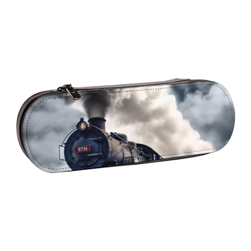 Federmäppchen aus Leder mit Dampfzug und Wolken, bedruckt, für Mädchen und Jungen, niedliches Federmäppchen, Make-up-Tasche für Reisen, Schule, Büro, Uni, Schwarz , Einheitsgröße, Schulranzen von MKNAZ