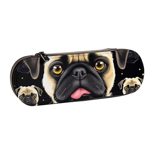Federmäppchen aus Leder mit Mops-Aufdruck, für Mädchen und Jungen, niedliches Federmäppchen für Stifte, Make-up-Tasche für Reisen, Schule, Büro, Uni, Schwarz / Gelb, Schwarz , Einheitsgröße, von MKNAZ