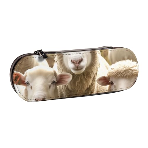 Federmäppchen aus Leder mit Schaf- und Lämmermotiv, für Mädchen und Jungen, niedliches Federmäppchen für Reisen, Schule, Büro, Uni, Schwarz , Einheitsgröße, Schulranzen von MKNAZ