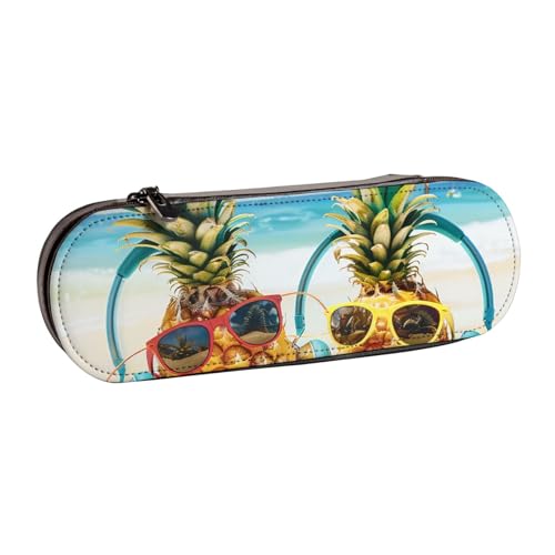 Federmäppchen aus Leder mit Strandmotiv und Ananasmotiv, bedruckt, für Mädchen und Jungen, niedliches Federmäppchen für Reisen, Schule, Büro, Uni, Schwarz , Einheitsgröße, Schulranzen von MKNAZ