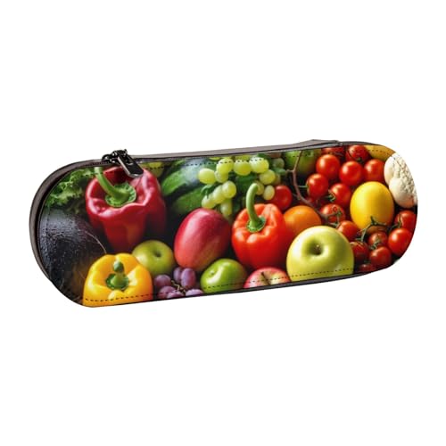 Federmäppchen aus Leder mit frischem Obst und Gemüse, bedruckt, für Mädchen und Jungen, niedliches Federmäppchen, Make-up-Tasche für Reisen, Schule, Büro, Uni, Schwarz , Einheitsgröße, Schulranzen von MKNAZ