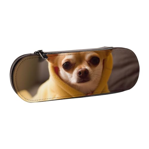 Federmäppchen aus Leder mit niedlichem Chihuahua-Druck, für Mädchen und Jungen, niedliches Federmäppchen für Stifte, Make-up-Tasche für Reisen, Schule, Büro, Uni, Schwarz , Einheitsgröße, Schulranzen von MKNAZ