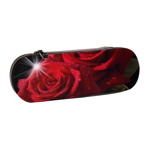 Federmäppchen aus Leder mit roten Rosen, bedruckt, für Mädchen und Jungen, niedliches Federmäppchen für Stifte, Make-up-Tasche für Reisen, Schule, Büro, Universität, Schwarz , Einheitsgröße, von MKNAZ