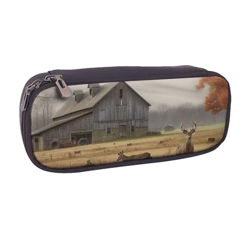 Federmäppchen aus PU-Leder, Motiv: Bauernhof mit Hirsch, Stifteetui und Make-up-Kosmetikhalter für Mädchen, Jungen, Schüler, Bauernhof mit Hirsch, Einheitsgröße, Schulranzen von MKNAZ