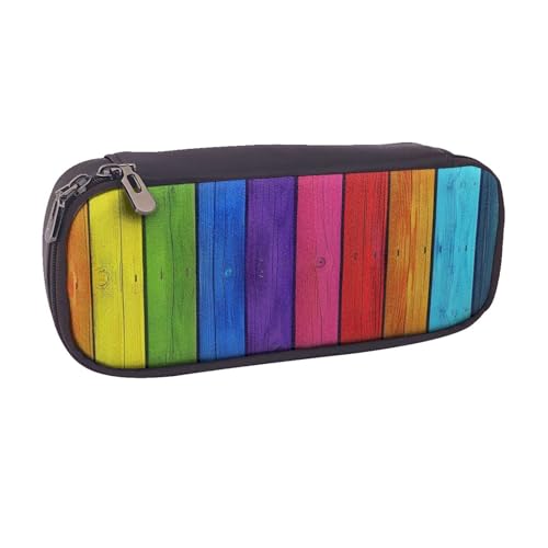 Federmäppchen aus PU-Leder, Motiv: Weltraumgalaxie mit Teleskop-Druck, Stifteetui und Make-up-Kosmetikhalter für Mädchen, Jungen, Schüler, Regenbogenfarbener Holzhintergrund, Einheitsgröße von MKNAZ