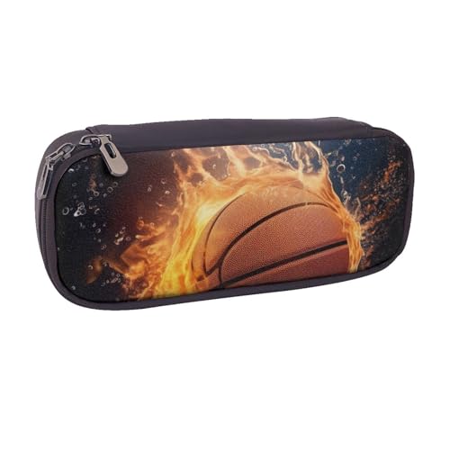 Federmäppchen aus PU-Leder mit Buchzimmer-Bibliotheksdruck, Flip-Stifttasche und Make-up-Kosmetikhalter für Mädchen, Jungen, Schule, Studenten, Basketball auf Feuer und Wasserflammenspritzer von MKNAZ