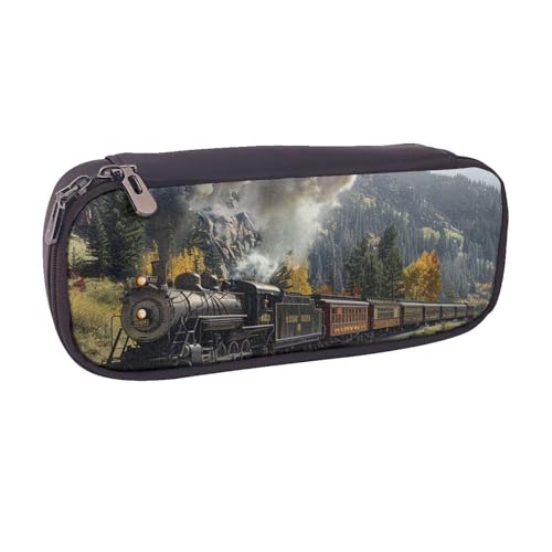 Federmäppchen aus PU-Leder mit Meeresblick-Motiv, für Mädchen, Jungen, Schule, Studenten, Dampflokomotive Zug, Einheitsgröße, Schulranzen von MKNAZ