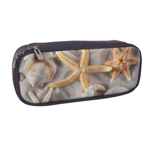 Federmäppchen aus PU-Leder mit Meeresblick-Motiv, für Mädchen, Jungen, Schule, Studenten, Muschel-Sandstrand, Einheitsgröße, Schulranzen von MKNAZ