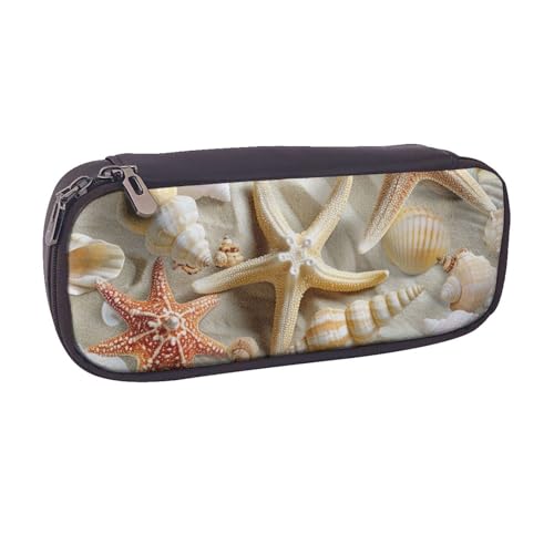 Federmäppchen aus PU-Leder mit Meeresblick-Motiv, für Mädchen, Jungen, Schule, Studenten, Muschel-Sandstrand-Design, Einheitsgröße, Schulranzen von MKNAZ