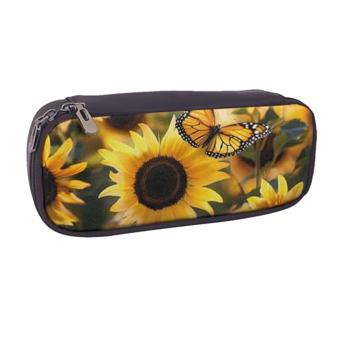 Federmäppchen aus PU-Leder mit Meeresblick-Motiv, für Mädchen, Jungen, Schule, Studenten, Sonnenblumen, blühende Blumen, Pflanzen, Schmetterling, Einheitsgröße, Schulranzen von MKNAZ