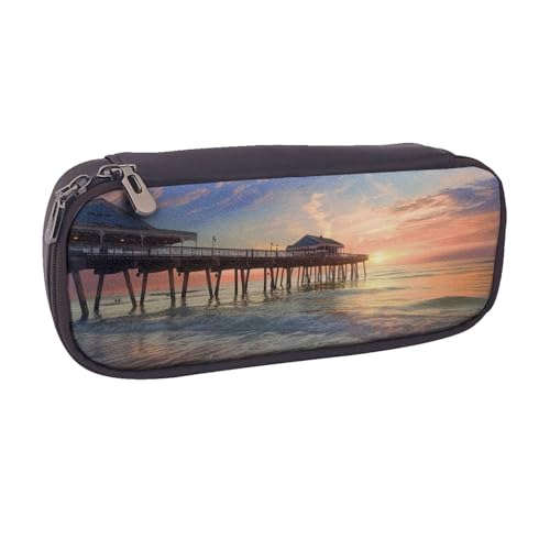 Federmäppchen aus PU-Leder mit Meeresblick-Motiv, für Mädchen, Jungen, Schule, Studenten, Sonnenuntergang an der Strandbrücke, Einheitsgröße, Schulranzen von MKNAZ