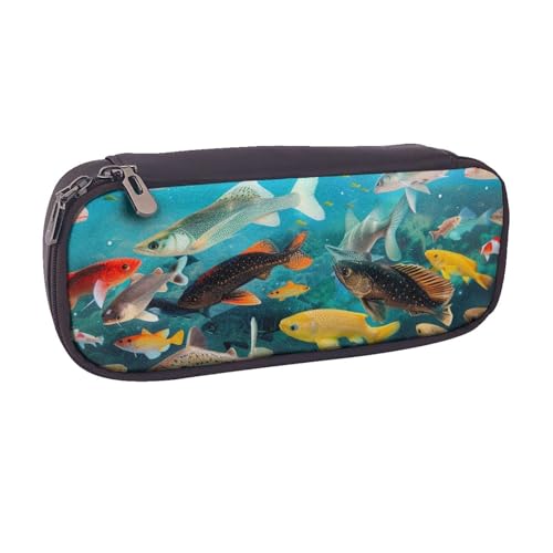 Federmäppchen mit Dackel-Motiv, aus PU-Leder, für Stifte, Make-up-Kosmetikhalter für Mädchen, Jungen, Studenten, Schwarz, Bunte Fische., Einheitsgröße, Schulranzen von MKNAZ