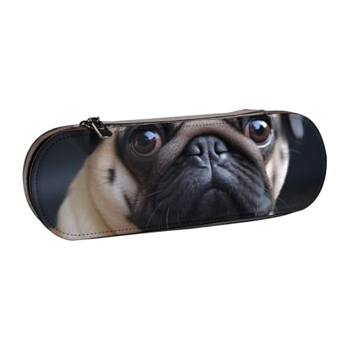 Federmäppchen mit Mops-Motiv, bedrucktes Hartschalen-Federmäppchen aus Leder für Mädchen und Jungen, niedliches Federmäppchen, Make-up-Tasche für Reisen, Schule, Büro, Uni, Schwarz , Einheitsgröße, von MKNAZ