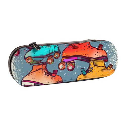 Federmäppchen mit Retro-Rollschuhen, buntes bedrucktes Hartschalen-Leder-Federmäppchen für Mädchen und Jungen, niedliches Federmäppchen, Make-up-Tasche für Reisen, Schule, Büro, Uni, Schwarz , von MKNAZ