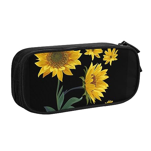 Federmäppchen mit Sonnenblumen-Motiv, schwarzer Hintergrund, für Mädchen und Jungen, großes Fassungsvermögen, doppellagig, Stifteetui & Make-up-Tasche für Studenten, Künstler, Schule, Büro, College, von MKNAZ