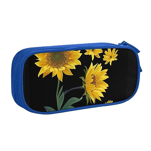 Federmäppchen mit Sonnenblumen-Motiv, schwarzer Hintergrund, für Mädchen und Jungen, großes Fassungsvermögen, doppellagig, Stifteetui & Make-up-Tasche für Studenten, Künstler, Schule, Büro, College, von MKNAZ