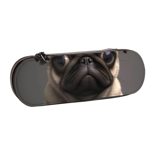 Federmäppchen mit niedlichem Mops-Motiv, bedrucktes Hartschalen-Federmäppchen aus Leder für Mädchen und Jungen, niedliches Federmäppchen, Make-up-Tasche für Reisen, Schule, Büro, Universität, Schwarz von MKNAZ