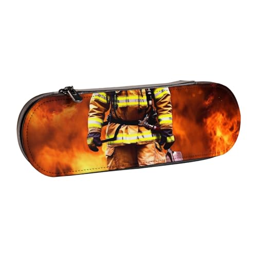 Feuerwehrmann Feuerwehrmann Flamme bedrucktes Hartschalen-Federmäppchen aus Leder für Mädchen und Jungen, niedliches Federmäppchen, Make-up-Tasche für Reisen, Schule, Büro, College, Schwarz , von MKNAZ