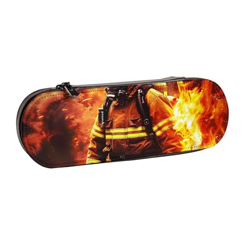 Feuerwehrmann Feuerwehrmann Flamme bedrucktes Hartschalen-Federmäppchen aus Leder für Mädchen und Jungen, niedliches Federmäppchen, Make-up-Tasche für Reisen, Schule, Büro, College, Schwarz , von MKNAZ