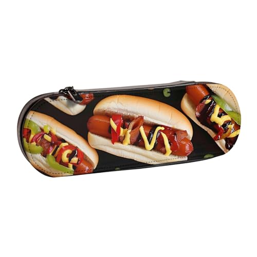 Fun Food Hot Dogs bedrucktes Hartschalen-Federmäppchen aus Leder für Mädchen und Jungen, niedliches Federmäppchen, Make-up-Tasche für Reisen, Schule, Büro, Uni, Schwarz , Einheitsgröße, Schulranzen von MKNAZ