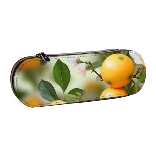 Gelbe Blüte und Orangenfrüchte bedruckte Hartschalen-Federmäppchen aus Leder für Mädchen und Jungen, niedliches Federmäppchen für Stifte, Make-up-Tasche für Reisen, Schule, Büro, Uni, Schwarz , von MKNAZ