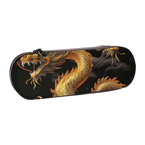 Gelber Drache schwarzer Hintergrund bedrucktes Hartschalen-Federmäppchen aus Leder für Mädchen und Jungen, niedliches Federmäppchen, Make-up-Tasche für Reisen, Schule, Büro, Uni, Schwarz , von MKNAZ