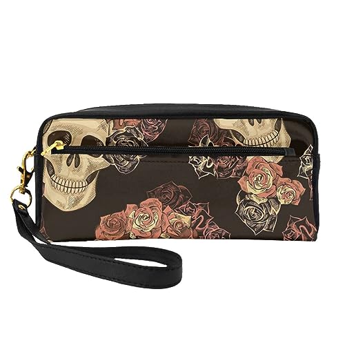 Grüne Tiere Reise Make-up Tasche Bleistift Fall Leder Tragbare Kosmetik Organizer Tasche Kulturbeutel für Frauen Mädchen, Rose Skull, Einheitsgröße von MKNAZ