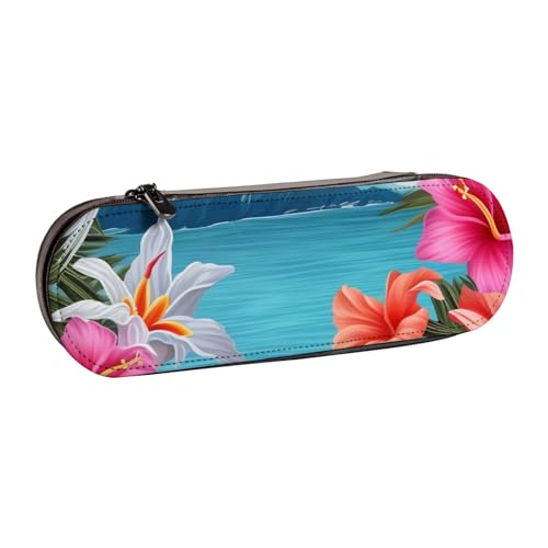 Hawaii Hibiskus Blume bedrucktes Hartschalen-Federmäppchen aus Leder für Mädchen und Jungen, niedliches Federmäppchen, Make-up-Tasche für Reisen, Schule, Büro, Uni, Schwarz , Einheitsgröße, von MKNAZ