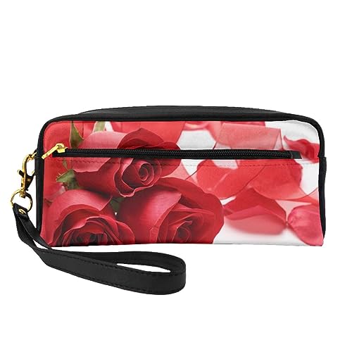 Kosmetiktasche mit Vögeln im Park an einem verschneiten Tag, Reise-Make-up-Tasche, Federmäppchen, Leder, tragbar, Kosmetiktasche, Kulturbeutel für Damen und Mädchen, Rose und rote Blütenblätter, von MKNAZ