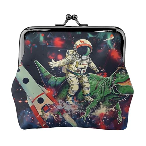 Lustige Geldbörse mit Astronauten-Dinosaurier-Raketendruck, für Damen und Mädchen, Mini-Geldbörse mit Kussverschluss, niedliches Leder, Schwarz , Einheitsgröße, Münztasche von MKNAZ
