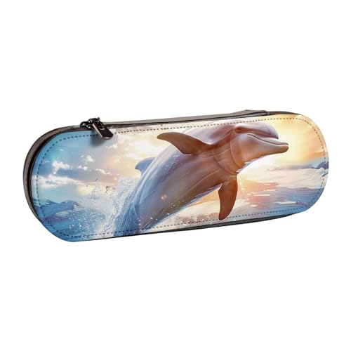 Lustiges Federmäppchen aus Leder mit Delfin-Druck, für Mädchen und Jungen, niedliches Federmäppchen für Stifte, Make-up-Tasche für Reisen, Schule, Büro, Uni, Schwarz , Einheitsgröße, Schulranzen von MKNAZ