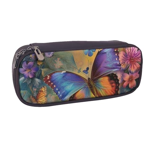 Lustiges Federmäppchen mit niedlichem Dinosaurier-Raketen-Motiv, PU-Leder, Flip-Stifttasche und Make-up-Kosmetikhalter für Mädchen, Jungen, Schüler, Blume Schmetterling, Einheitsgröße, Schulranzen von MKNAZ