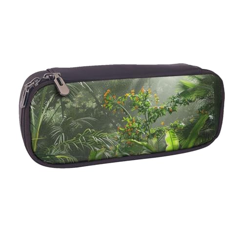 Lustiges Federmäppchen mit niedlichem Dinosaurier-Raketen-Motiv, PU-Leder, Flip-Stifttasche und Make-up-Kosmetikhalter für Mädchen, Jungen, Schüler, Blumen im tropischen Regenwald, Einheitsgröße von MKNAZ