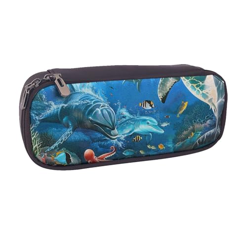 Lustiges Federmäppchen mit niedlichem Dinosaurier-Raketen-Motiv, PU-Leder, Flip-Stifttasche und Make-up-Kosmetikhalter für Mädchen, Jungen, Schüler, Delfine Meeresschildkröte Korallenriff von MKNAZ