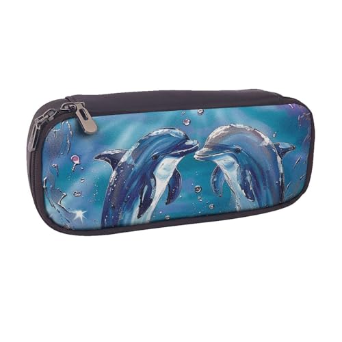 Lustiges Federmäppchen mit niedlichem Dinosaurier-Raketen-Motiv, PU-Leder, Flip-Stifttasche und Make-up-Kosmetikhalter für Mädchen, Jungen, Schüler, Delfine in Love, Einheitsgröße, Schulranzen von MKNAZ