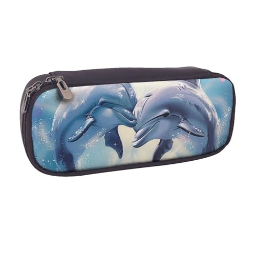 Lustiges Federmäppchen mit niedlichem Dinosaurier-Raketen-Motiv, PU-Leder, Flip-Stifttasche und Make-up-Kosmetikhalter für Mädchen, Jungen, Schüler, Delfine in Love 1, Einheitsgröße, Schulranzen von MKNAZ