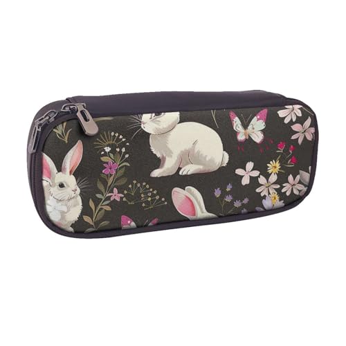Lustiges Federmäppchen mit niedlichem Dinosaurier-Raketen-Motiv, PU-Leder, Flip-Stifttasche und Make-up-Kosmetikhalter für Mädchen, Jungen, Schüler, Festival Bunny Floral, Einheitsgröße, Schulranzen von MKNAZ