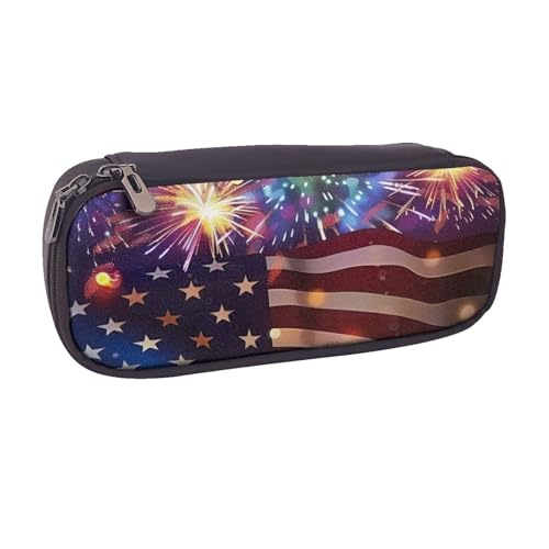 Lustiges Federmäppchen mit niedlichem Dinosaurier-Raketen-Motiv, PU-Leder, Flip-Stifttasche und Make-up-Kosmetikhalter für Mädchen, Jungen, Schüler, Feuerwerk Amerikanische Flagge 4. Juli von MKNAZ