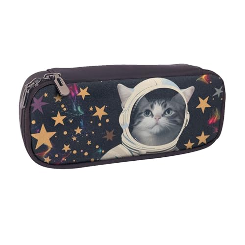 Lustiges Federmäppchen mit niedlichem Dinosaurier-Raketen-Motiv, PU-Leder, Flip-Stifttasche und Make-up-Kosmetikhalter für Mädchen, Jungen, Schüler, Fun Cat Astronaut, Einheitsgröße, Schulranzen von MKNAZ