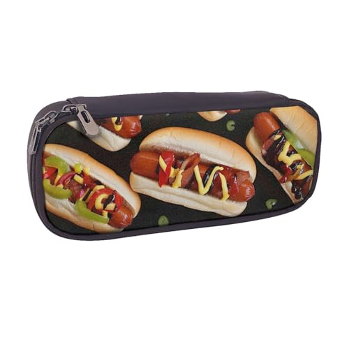 Lustiges Federmäppchen mit niedlichem Dinosaurier-Raketen-Motiv, PU-Leder, Flip-Stifttasche und Make-up-Kosmetikhalter für Mädchen, Jungen, Schüler, Lustiges Essen Hot Dogs, Einheitsgröße, Schulranzen von MKNAZ