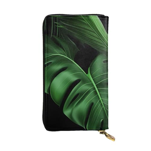 MKNAZ Banana Leaf Green Printed Long Wallet for Men Women Leather Card Holder Purse with 12 Card Slots, Schwarz , Einheitsgröße, Modern von MKNAZ