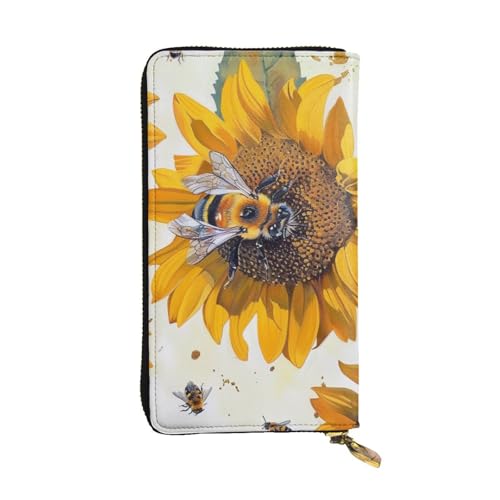 MKNAZ Bee Sunflower Printed Long Wallet for Men Women Leather Card Holder Purse with 12 Card Slots, Schwarz , Einheitsgröße, Modern von MKNAZ
