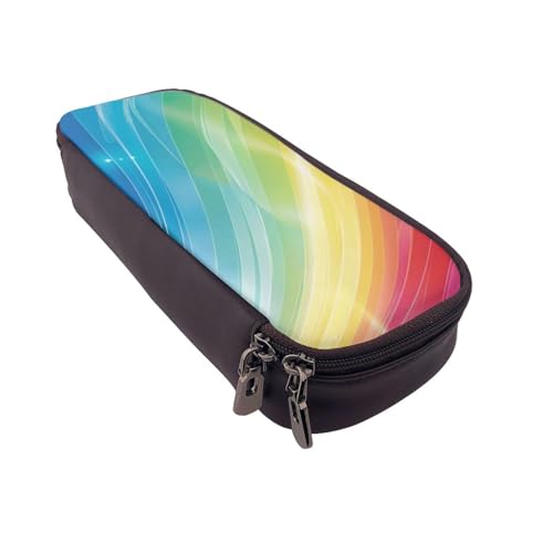MKNAZ Federmäppchen aus Leder mit bunten Streifen und Regenbogen-Druck, großes Federmäppchen für Studenten, Künstler, Schule, Büro, Schwarz , Einheitsgröße, Schulranzen von MKNAZ