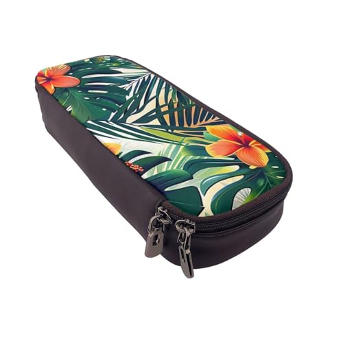 MKNAZ Federmäppchen aus Leder mit tropischen hawaiianischen Blumen und Palmenblättern, für Mädchen und Jungen, großes Stifteetui, Schreibwarenbeutel, Stiftebox für Studenten, Künstler, Schule, Büro, von MKNAZ