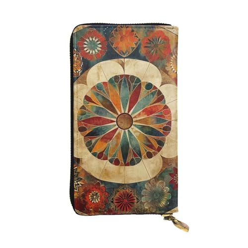 MKNAZ Old Medallion Pattern Printed Long Wallet for Men Women Leather Card Holder Purse with 12 Card Slots, Schwarz , Einheitsgröße, Modern von MKNAZ