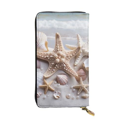 MKNAZ Pearls Sea Seashell Theme Printed Long Wallet for Men Women Leather Card Holder Purse with 12 Card Slots, Schwarz , Einheitsgröße, Modern von MKNAZ