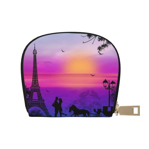 MKNAZ Rotes Auto vor dem Eiffelturm Bedrucktes Leder Kreditkartenetui Brieftasche für Männer Frauen | Kartenetui Organizer Tasche mit Reißverschluss, Valentine Paris Eiffelturm Sonnenuntergang, von MKNAZ