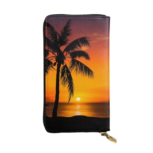 MKNAZ Sunset Palm Tree Printed Long Wallet for Men Women Leather Card Holder Purse with 12 Card Slots, Schwarz , Einheitsgröße, Modern von MKNAZ